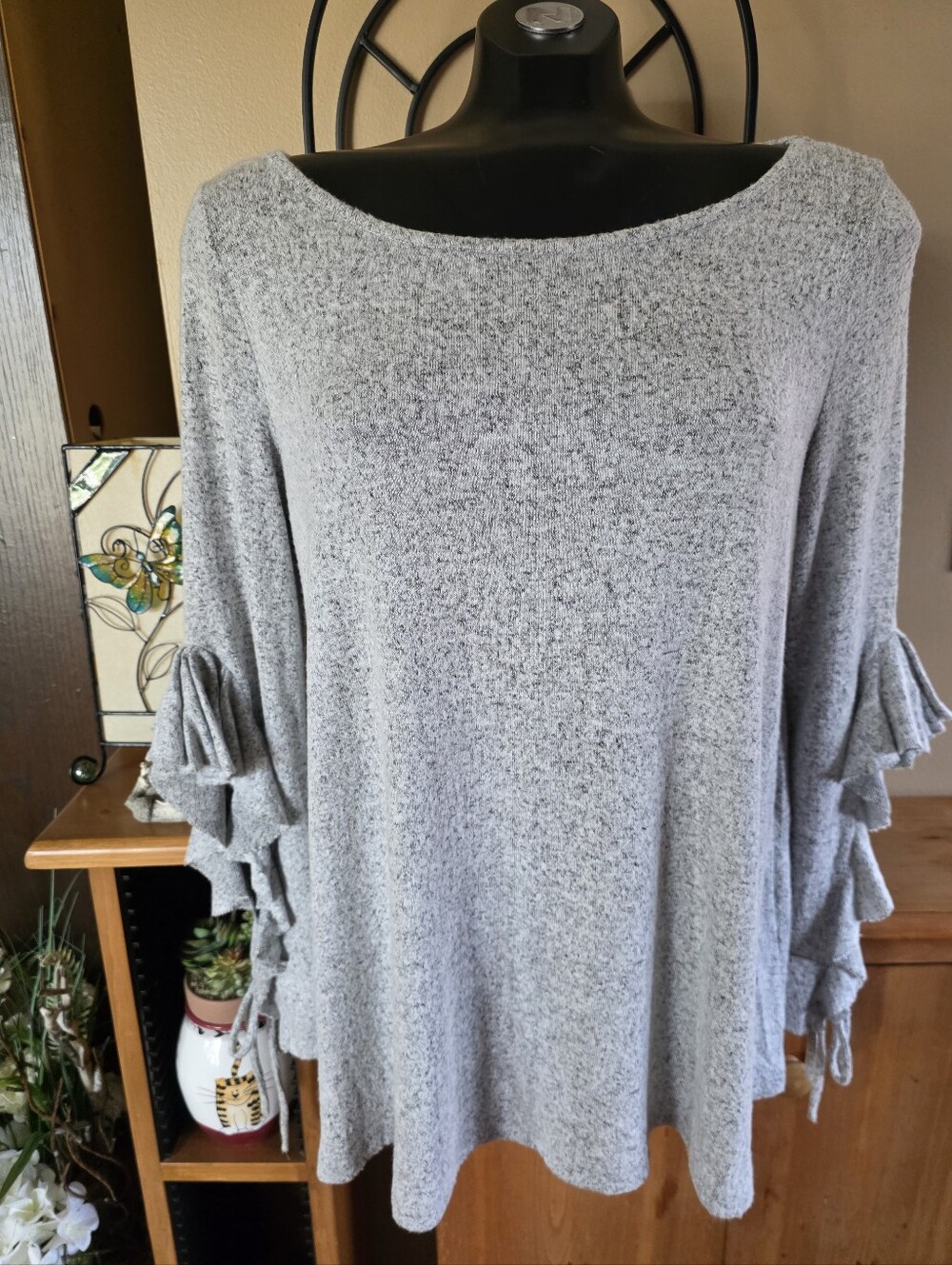 Heathered Gray Marled Knit Oversize Tunic Style Top With Open Ruffled Sleeves